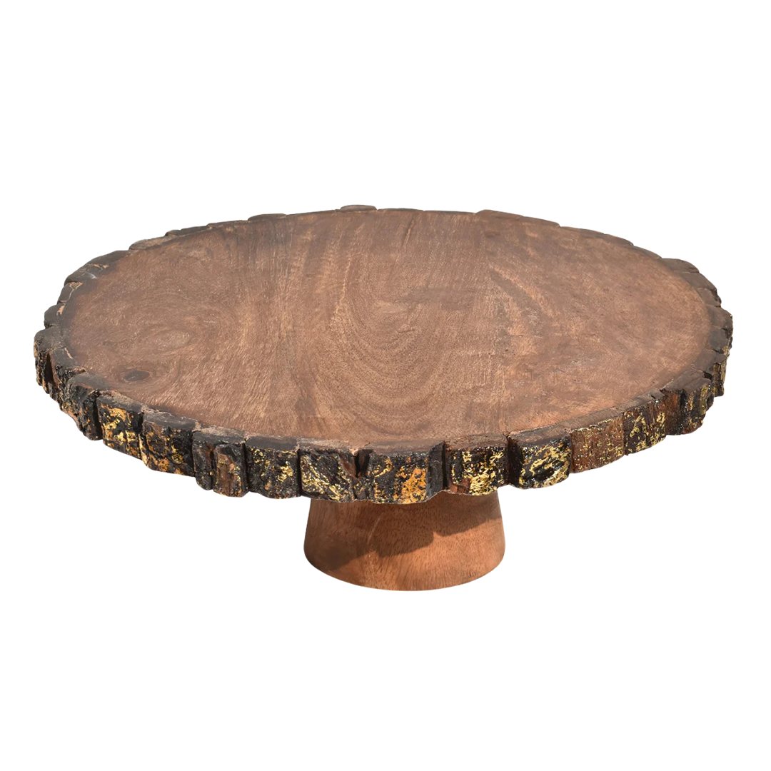Wooden Round Cake Stand, Round Cake Dessert Serving Tray Platter, Round Cake Cutting Holder, Cake Plate with Bark Pattern Tray Dessert Stand Cupcake Holder