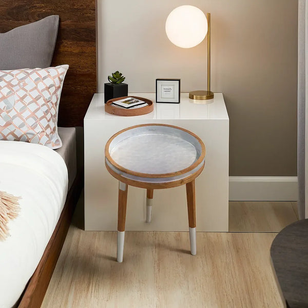 White Decal work Round Side Wooden Table