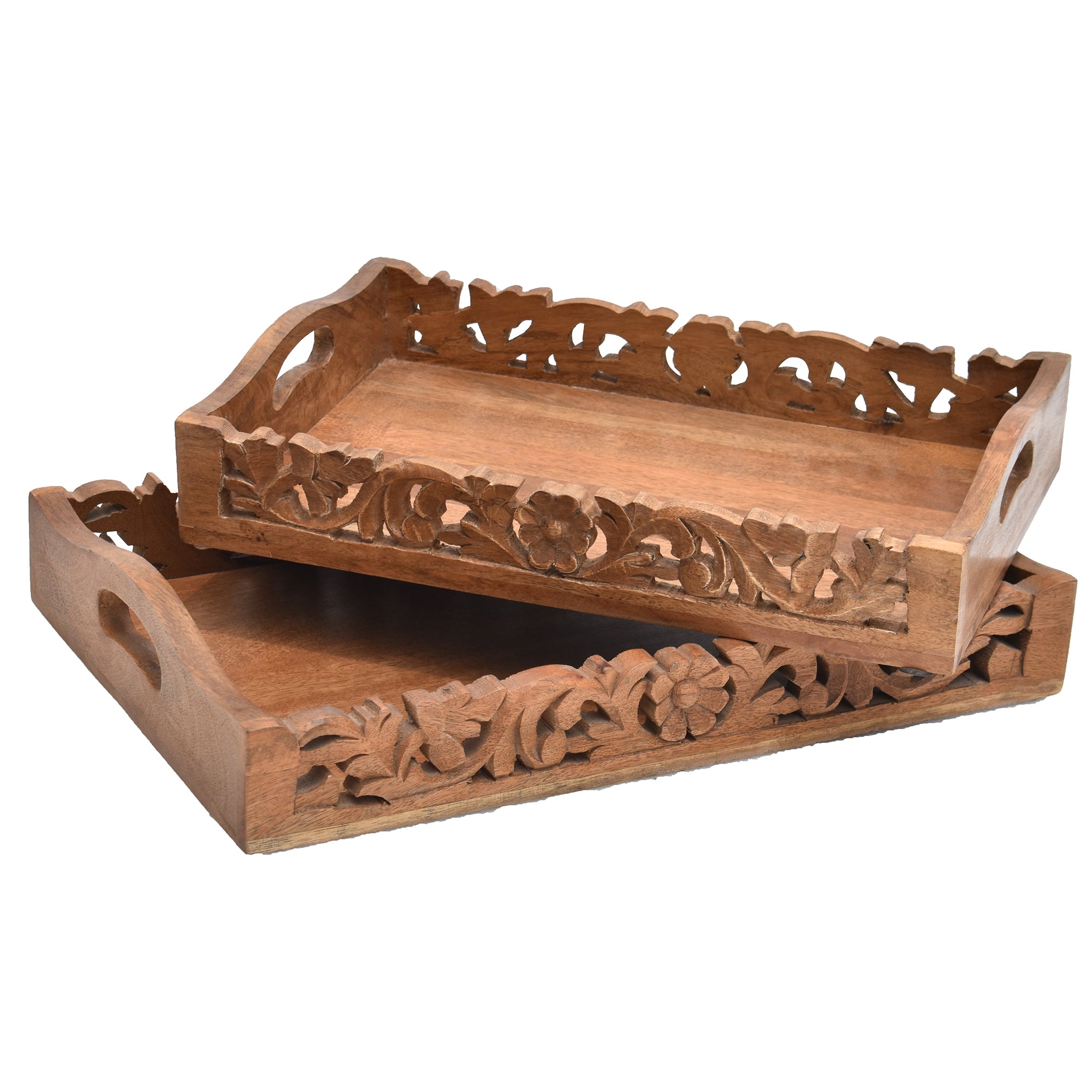 Antique carved dark Wooden Tray S/2