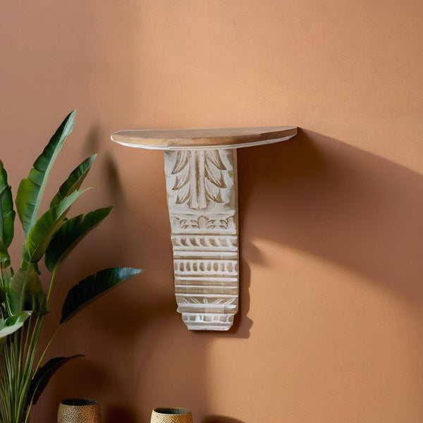 White Wash Carved Wooden Wall Shelf