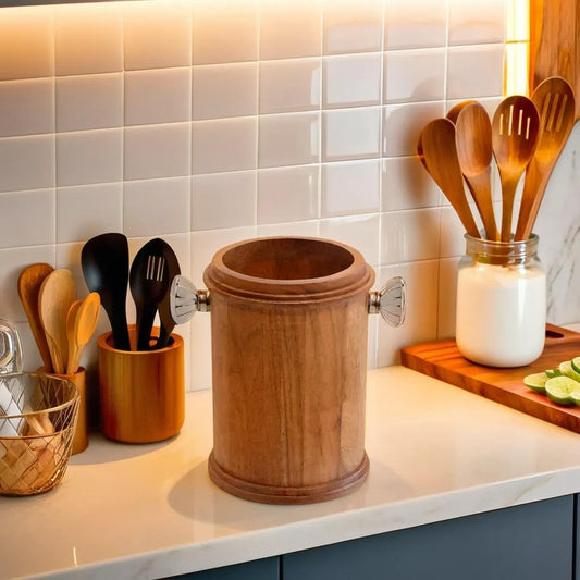 Circular Wooden utensil holder with glass knobs