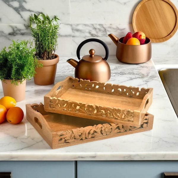 Antique carved dark Wooden Tray S/2