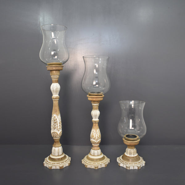 Wooden Carved Vintage Hurricane Candle Holder, Set of 3 (GD1963B)