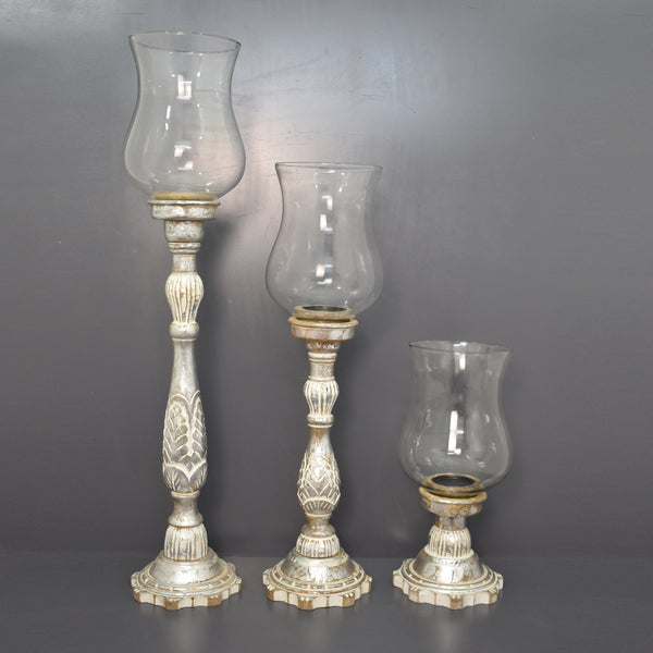 Wooden Carved Vintage Hurricane Candle Holder, Set of 3 (GD1963A)