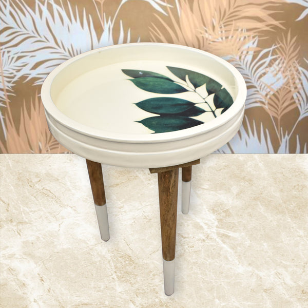 Decal Ivory White Printed, Round Wooden Table (GD1958)