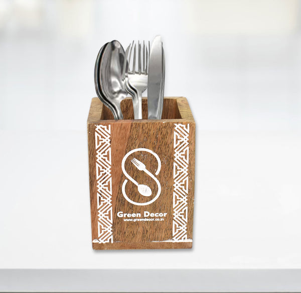 Wooden Cutlery Holder - Tribal Design
